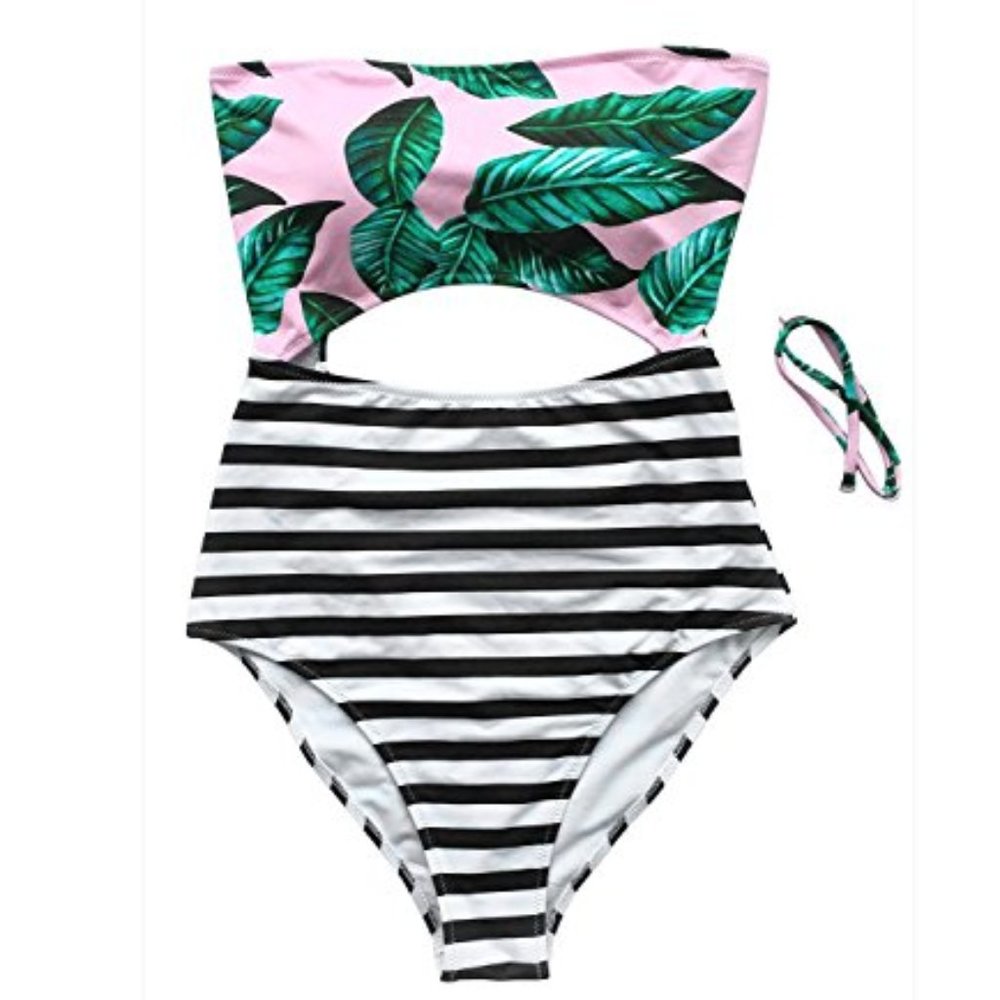 Cupshe Palm Leaf Striped Cutout One Piece Swimsuit